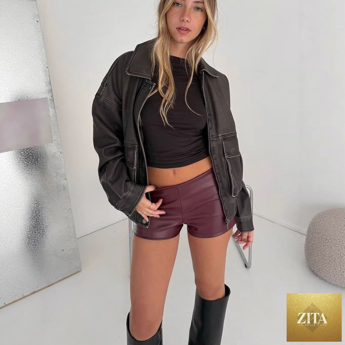 Women's black leather pants by My Store, slim-fit casual fashion pants with a sleek, stylish design in a close-up view.
