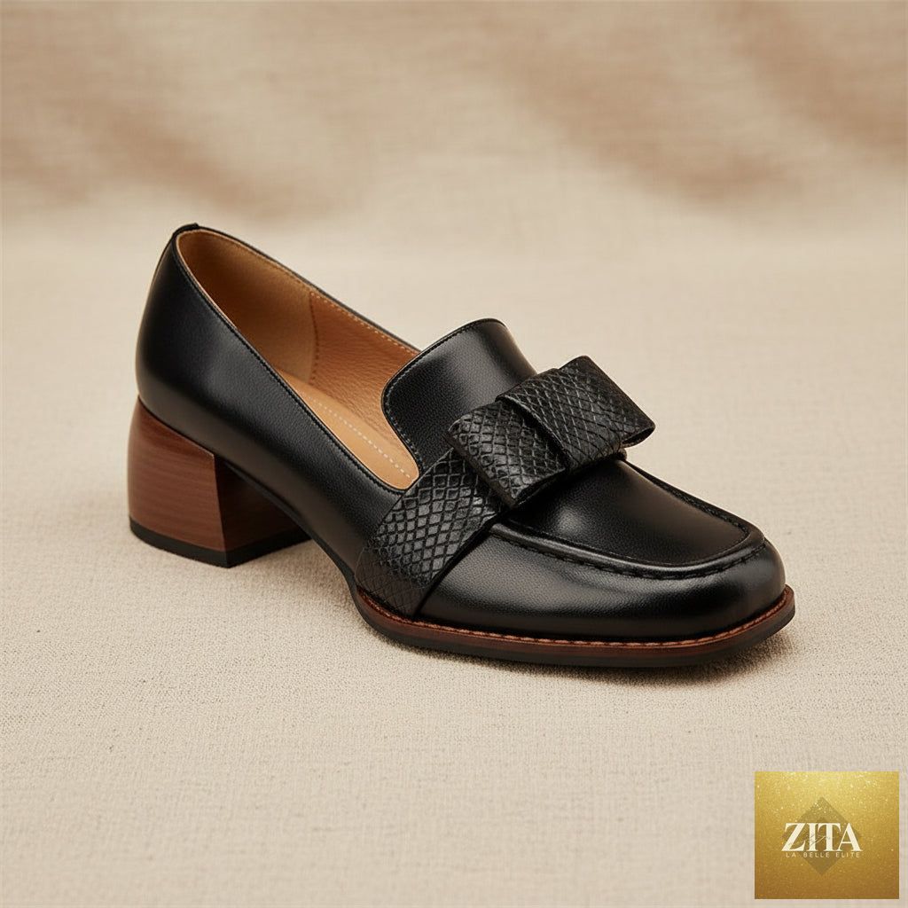 Women's FitiqueFit cowhide square toe chunky heel pumps with floral detail, stylish commuter footwear with a modern design.
