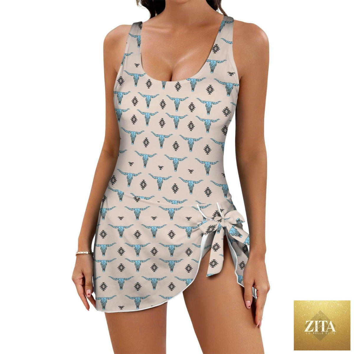 Turquoise longhorn skirted one-piece swimsuit by Baha Ranch Western Wear, featuring western-inspired design and vibrant color.