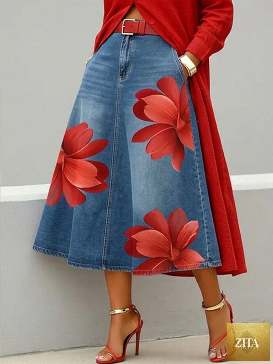 Women's floral print A-line midi skirt by FitiqueFit featuring a denim-style boho design and flowing silhouette.