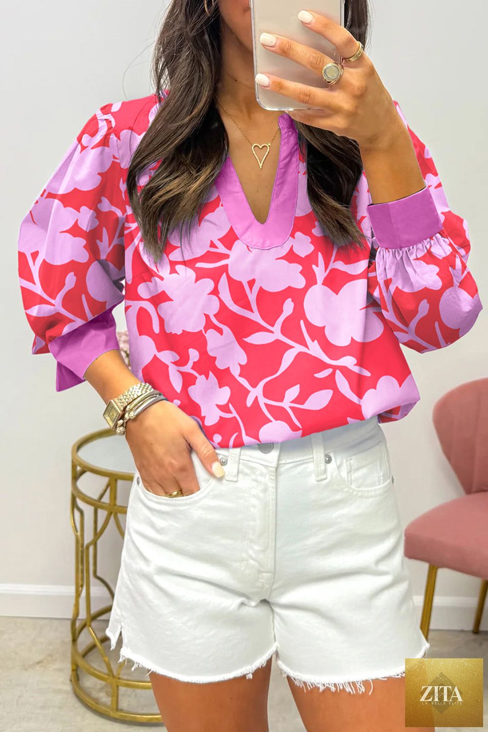 Red floral print blouse with split V-neck, cuffed bracelet sleeves, from Wild and Free Boutique, stylish tops and blouses for women.