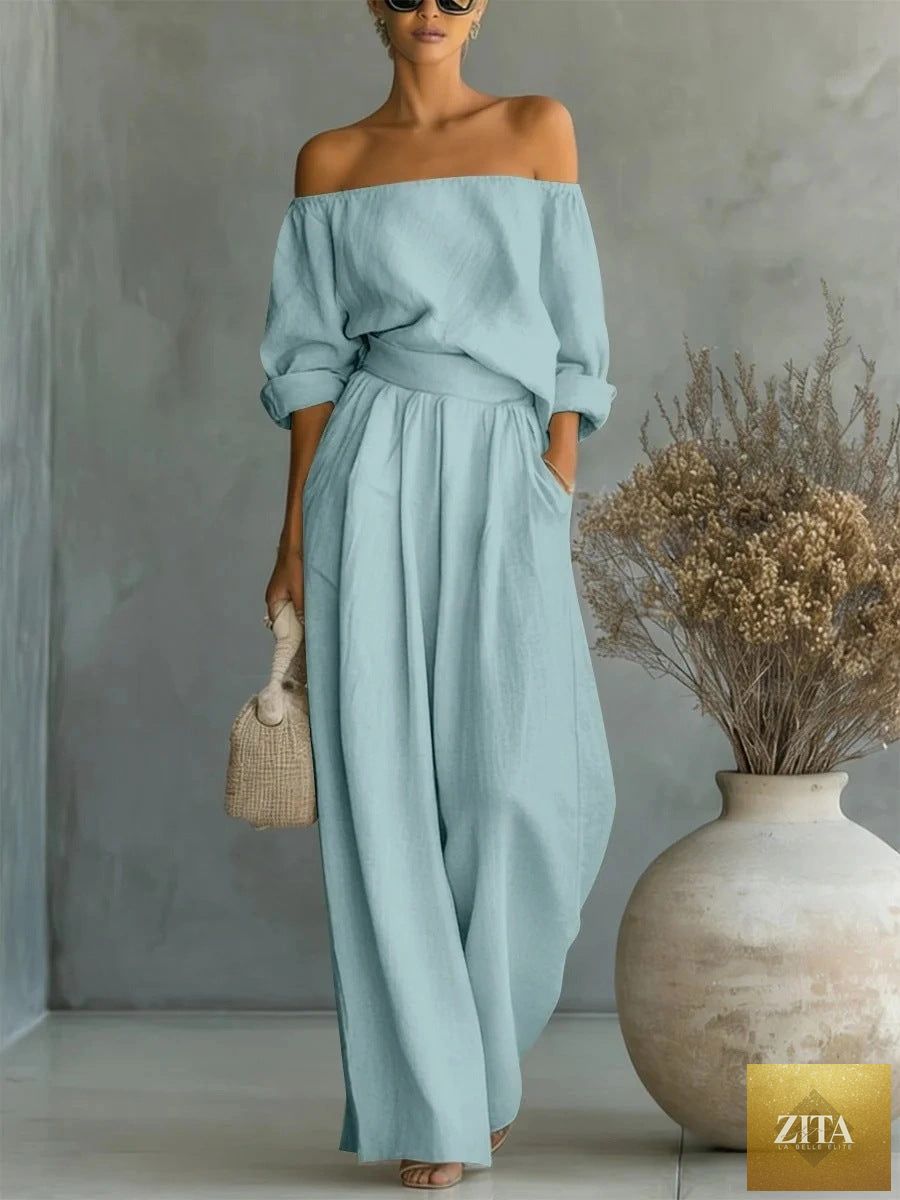 Zita La Belle Elite women's casual off-shoulder long-sleeve top and wide-leg pants two-piece set, in stylish fabric.