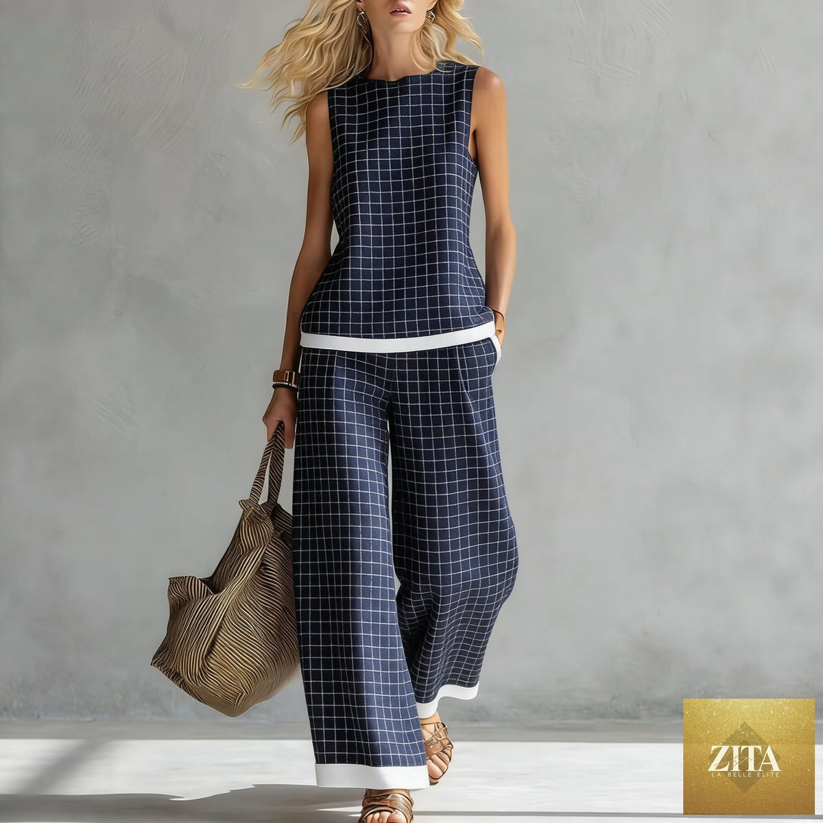 Women's sleeveless printed tank top and wide-leg pants casual two-piece set by Zita La Belle Elite, styled for relaxed comfort.
