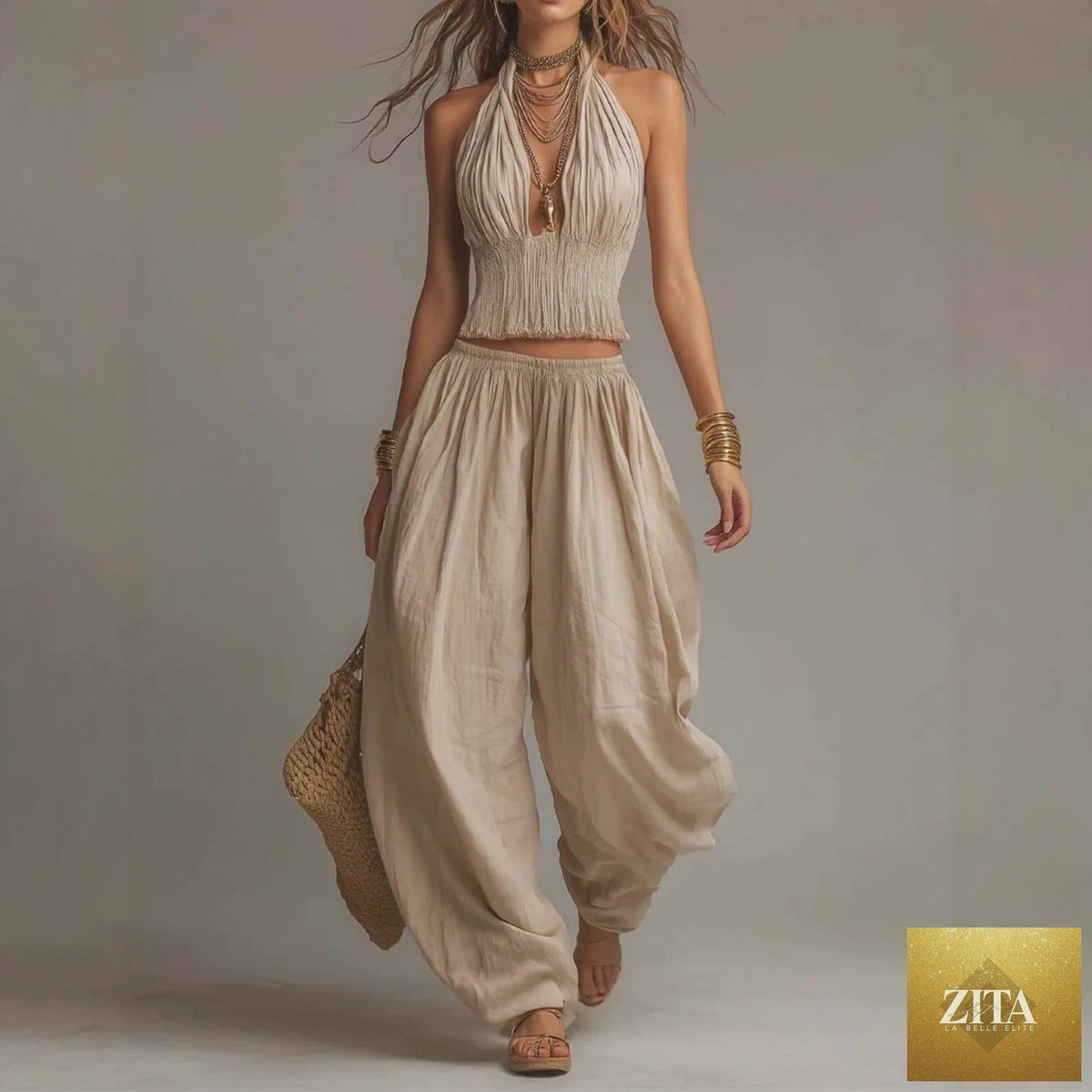 Zita La Belle Elite women's sleeveless backless halter top and wide-leg pants set, stylish and comfortable for summer wear.