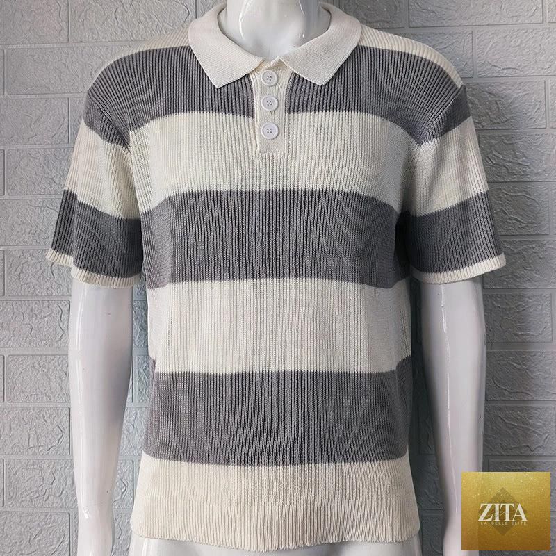 Mandotos men's summer fashion short sleeve lapel sweater, stylish men's clothing, lightweight and breathable for warm weather.