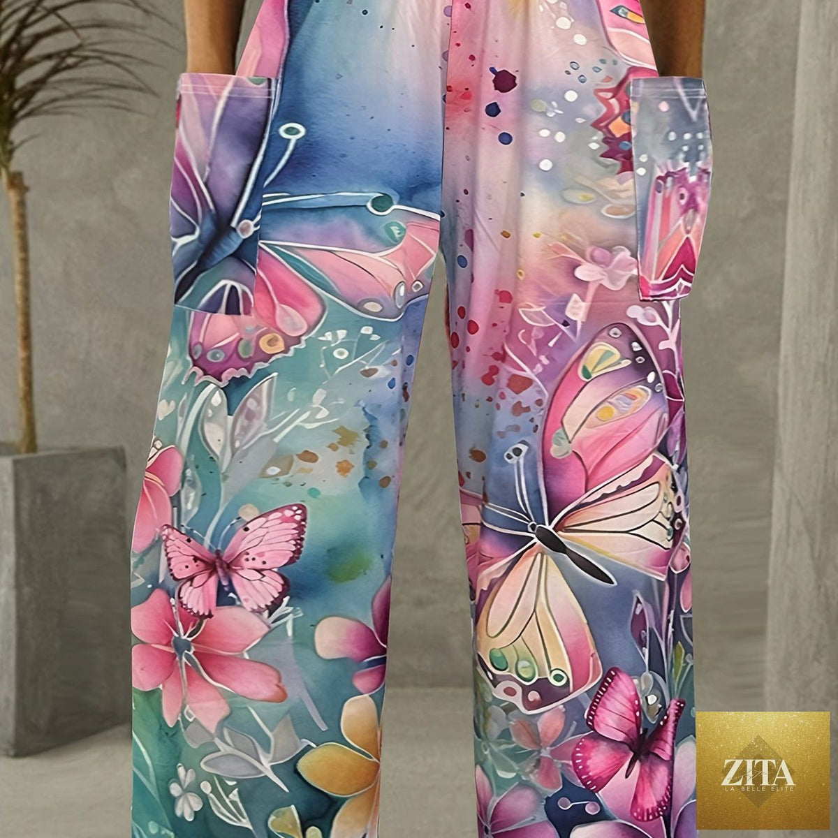 Plus size casual pants with butterfly pattern by Trendy Attic Store01, featuring a relaxed fit and comfortable design.