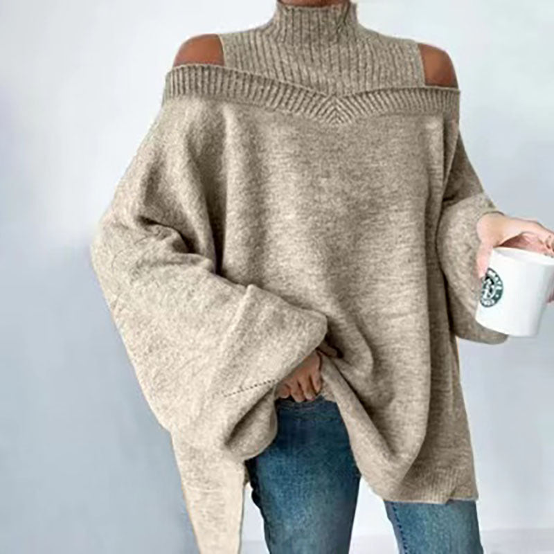 Women’s elegant off-shoulder turtleneck sweater by FitiqueFit, long sleeve knit top in a chic casualwear style.