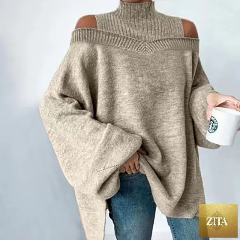 Women’s elegant off-shoulder turtleneck sweater by FitiqueFit, long sleeve knit top in a chic casualwear style.