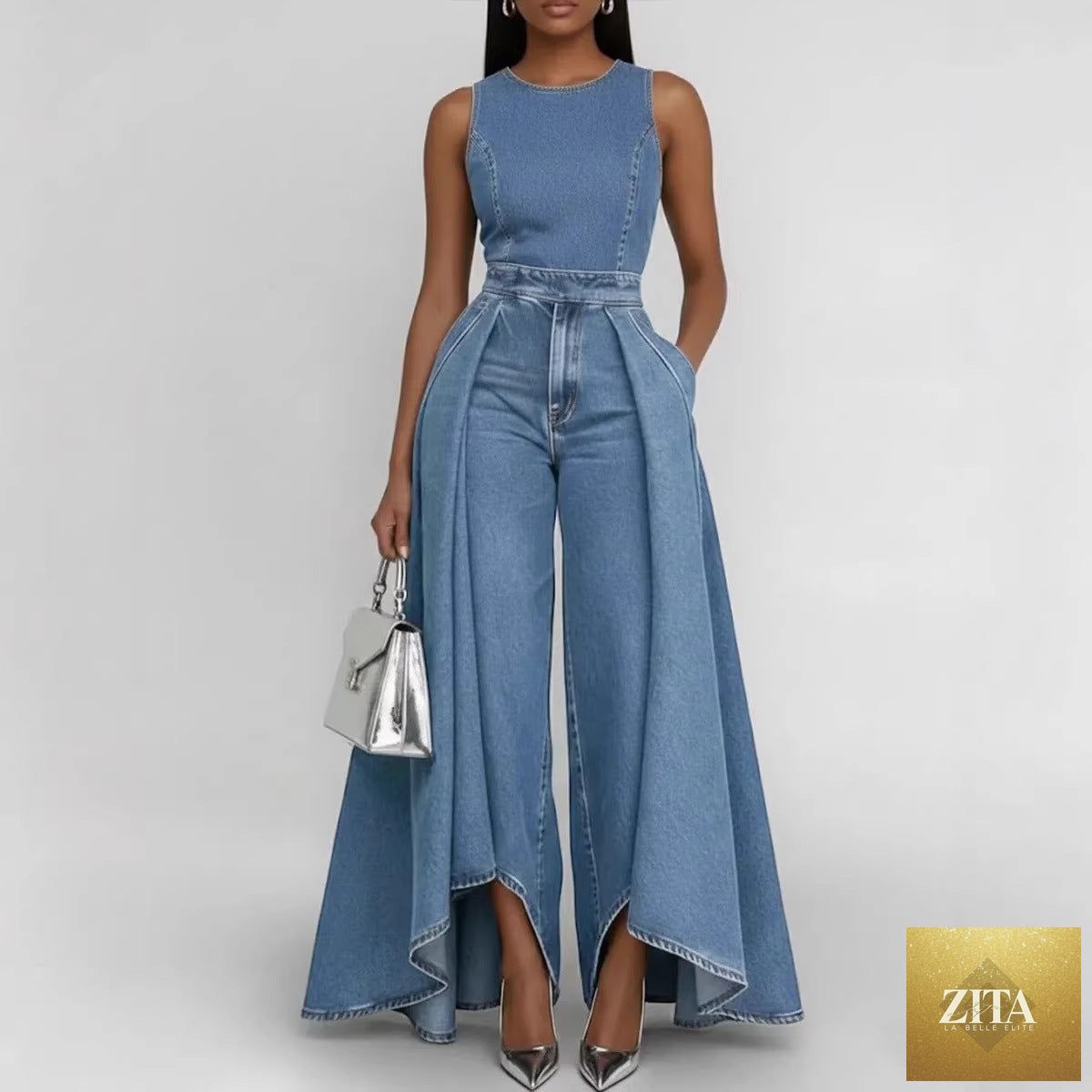 Women’s sleeveless wide-leg denim jumpsuit by FitiqueFit featuring a casual crew neck, fitted bodice, and relaxed pant legs.