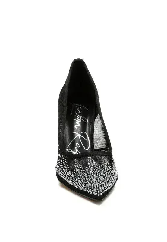 Femstylo high ball mesh rhinestone stiletto pumps featuring sparkling rhinestones and elegant heel design.