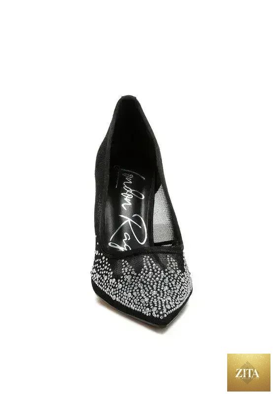 Zita La Belle Elite high ball mesh rhinestone stiletto pumps with pointed toes and sparkling embellishments.