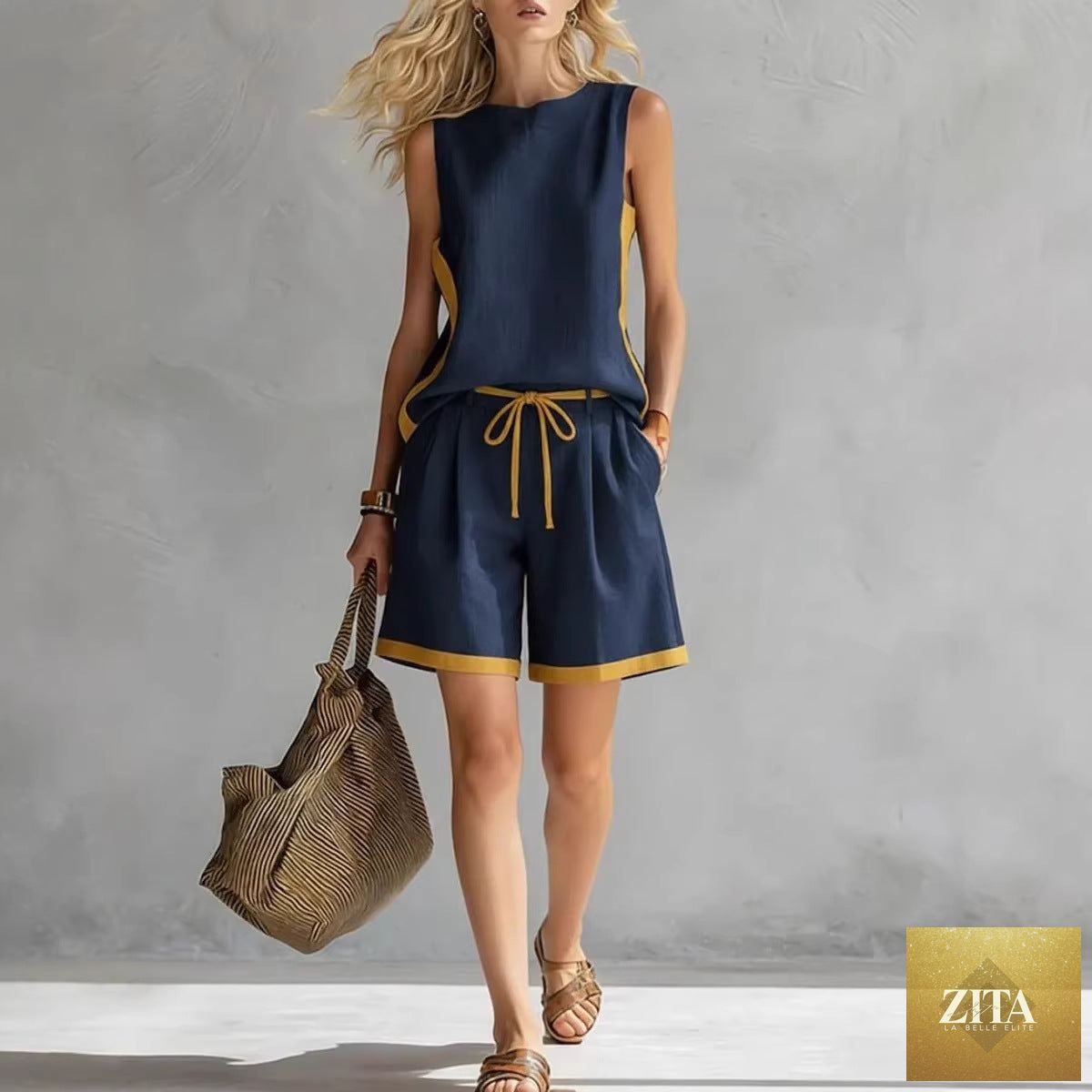 Zita La Belle Elite casualwear set with solid color loose vest and matching shorts, comfortable and stylish for everyday wear.