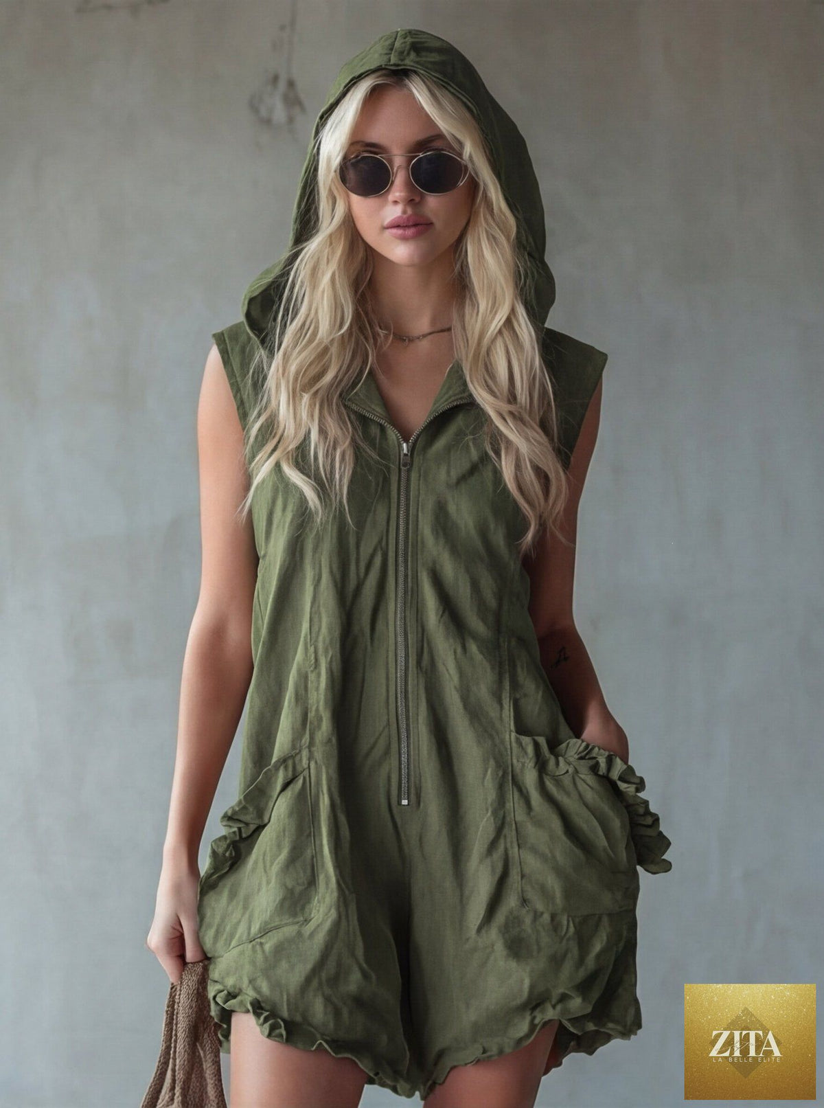 Zita La Belle Elite women's retro hooded zip-up sleeveless cropped jumpsuit displayed on a model, showing the stylish design and fit.
