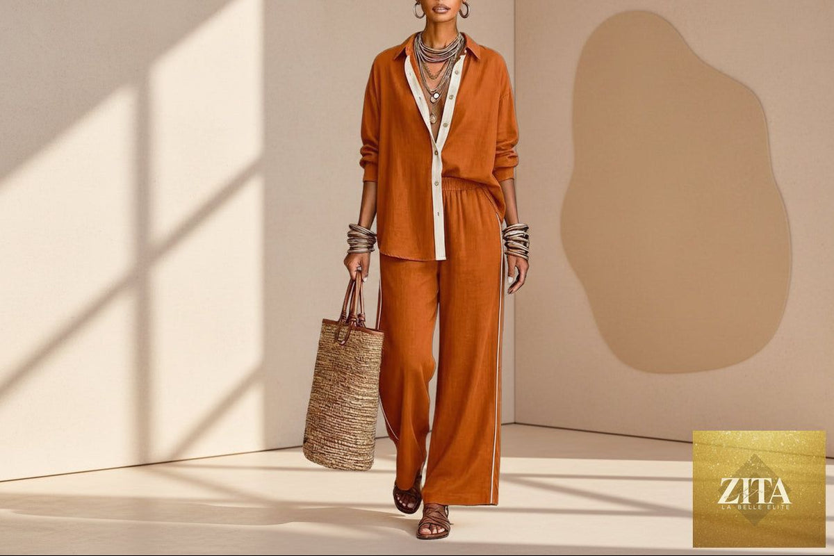 Zita La Belle Elite contrast-color long-sleeve shirt and pants casualwear set, featuring a stylish two-piece design in vibrant colors.