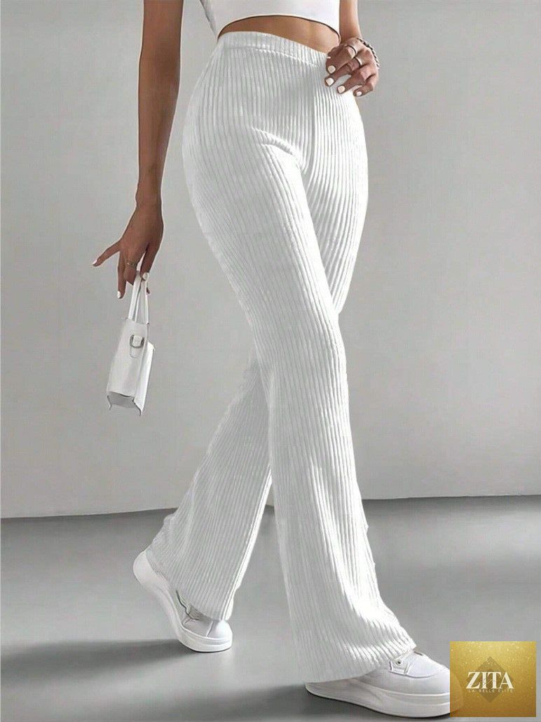 Solid rib-knit pull-on jogger pants for women by FitiqueFit, featuring a relaxed casual fit and comfortable stretch fabric.