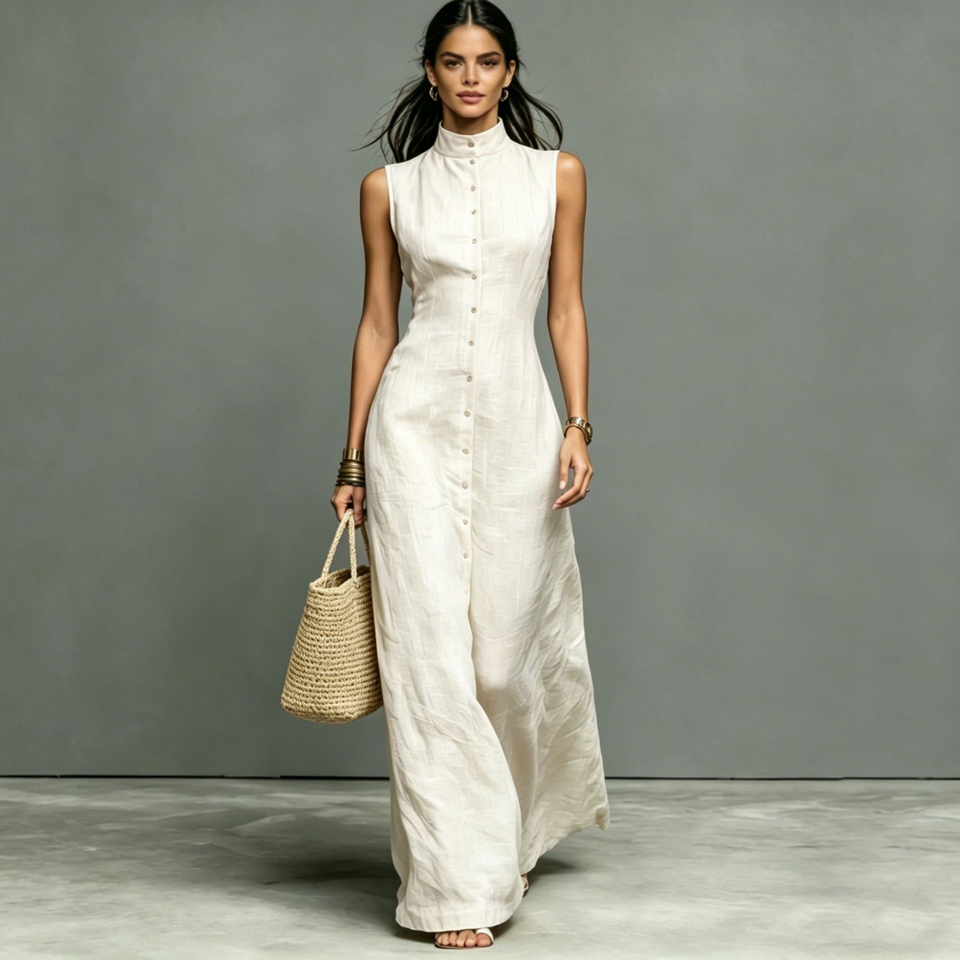 Women's sleeveless midi dress with stand-collar and single-breasted design, casualwear by FitiqueFit, shown in a neutral setting.