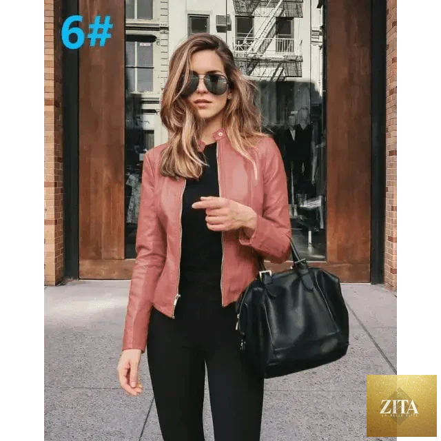 Stevvex women's solid color PU leather jacket with long sleeves, designed for autumn and winter warmth and fashion.