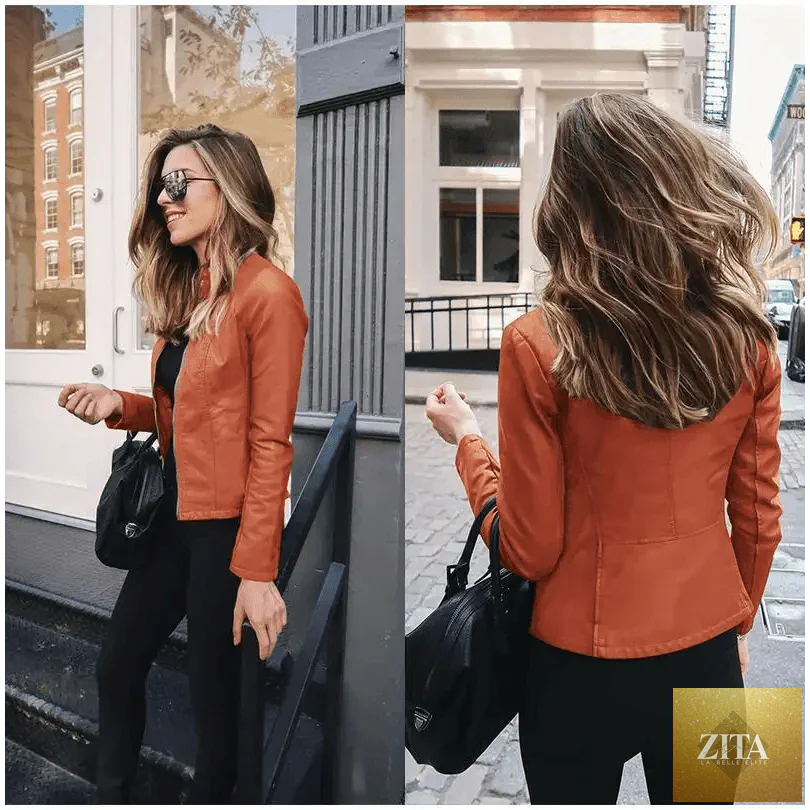 Stevvex women's solid color autumn and winter PU leather jacket with long sleeves, designed for warmth and fashion.