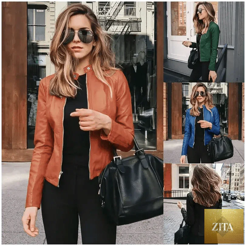 Stevvex women's PU leather solid color jacket for autumn and winter, long-sleeved and warm, stylish outerwear for women.