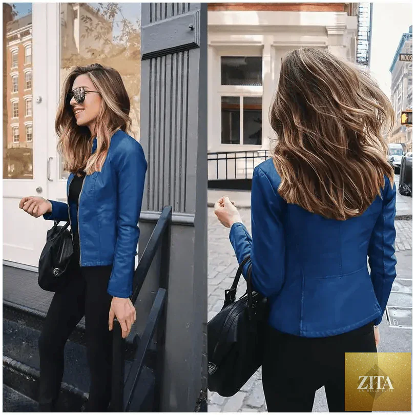 Stevvex women's solid color PU leather jacket from the Elegance Autumn and Winter collection, featuring long sleeves and warm style.