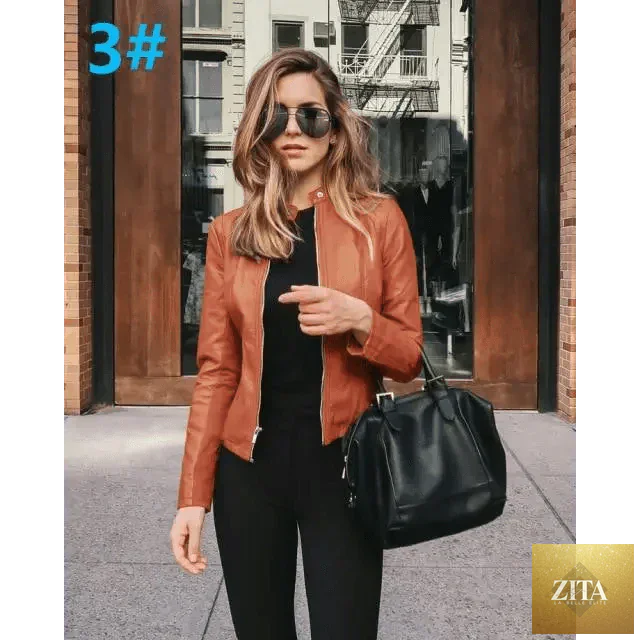Stevvex women's solid color PU leather jacket for autumn and winter, long-sleeved, warm, stylish, and fashion-forward.
