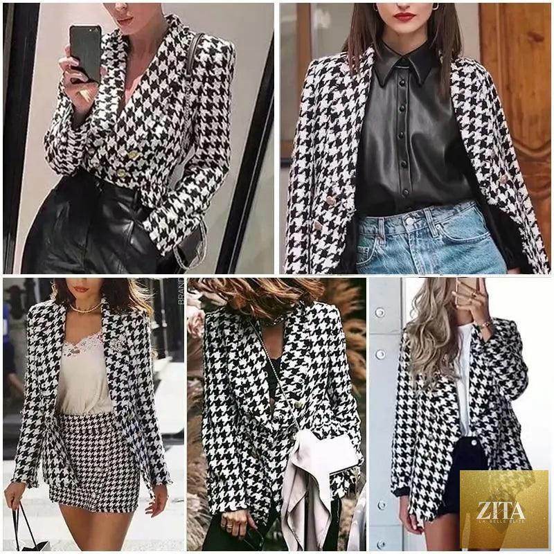 Women’s black tweed jacket with tassels and houndstooth pattern, stylish autumn coat for office and casual wear by Stevvex.