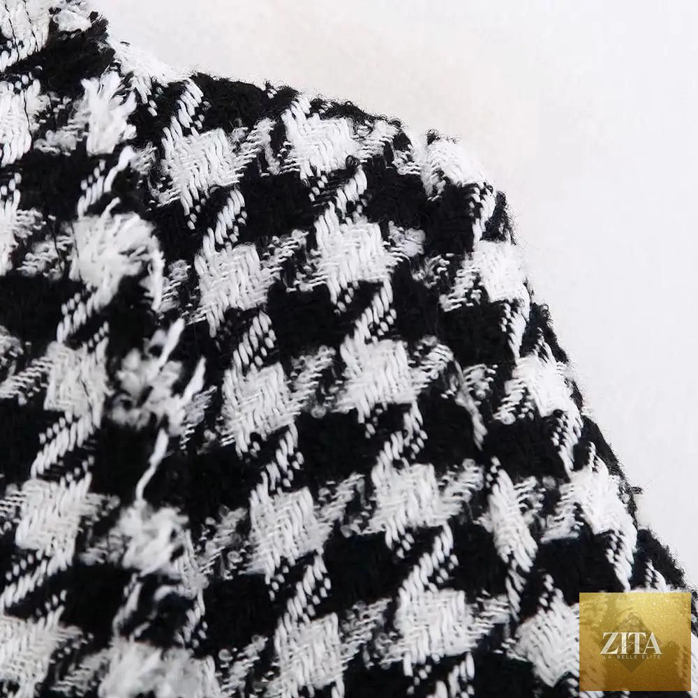 Black tweed jacket for women with tassel details, houndstooth pattern, stylish coat perfect for office and autumn wear by Stevvex
