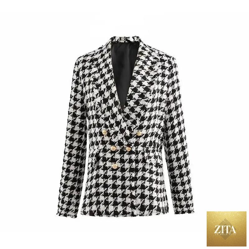 Black tweed women's jacket with tassels, houndstooth pattern, stylish coat for office and autumn, vintage thick plaid design by Stevvex