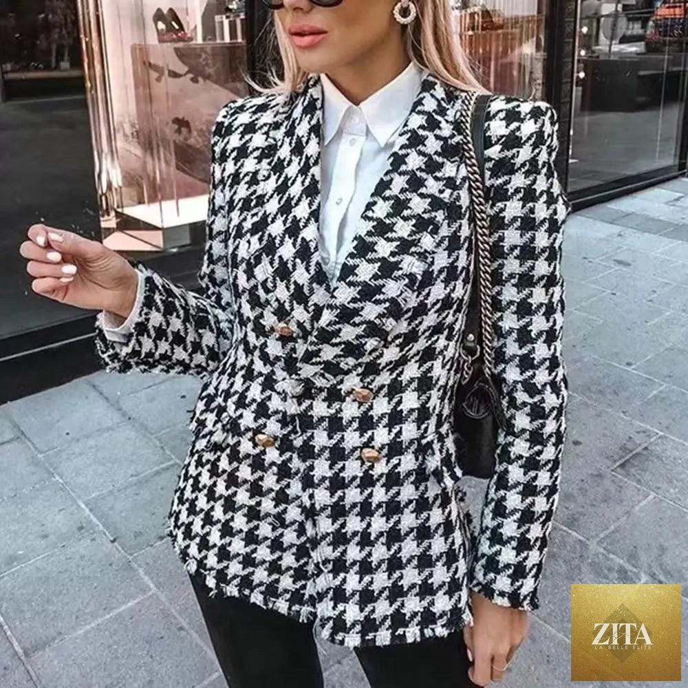Black tweed coat for women with tassel details, houndstooth pattern, stylish autumn fashion from Stevvex.