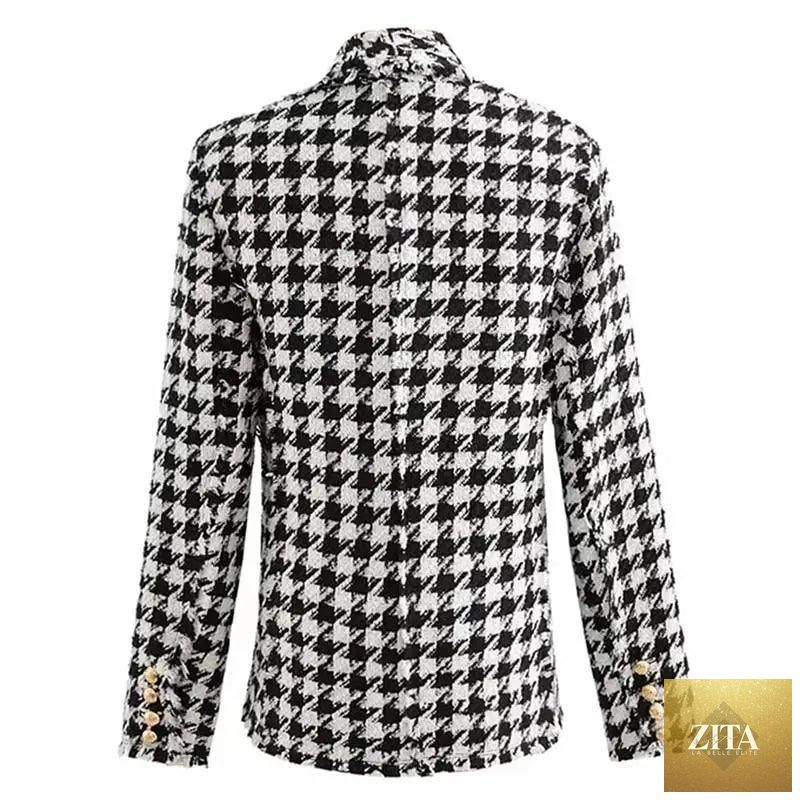 Black tweed jacket for women with tassel details, houndstooth pattern, suitable for office and autumn fashion by Stevvex.