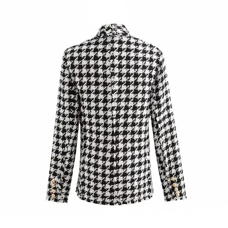 Black tweed jacket with tassels and houndstooth pattern, stylish women's autumn coat from Stevvex with vintage plaid design.