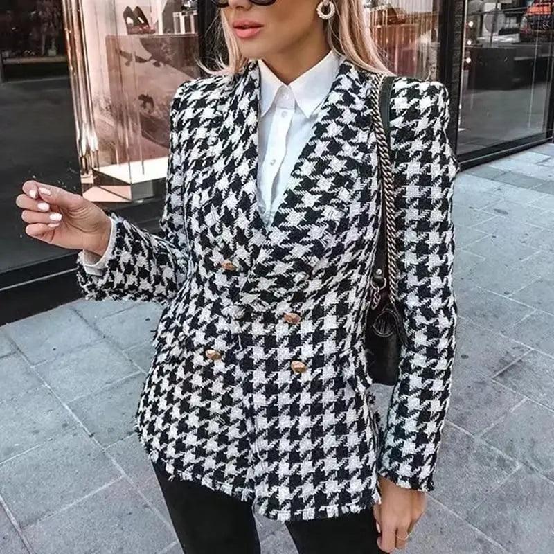 Women’s black tweed jacket with tassels and houndstooth pattern, stylish autumn coat for office and casual wear by Stevvex.
