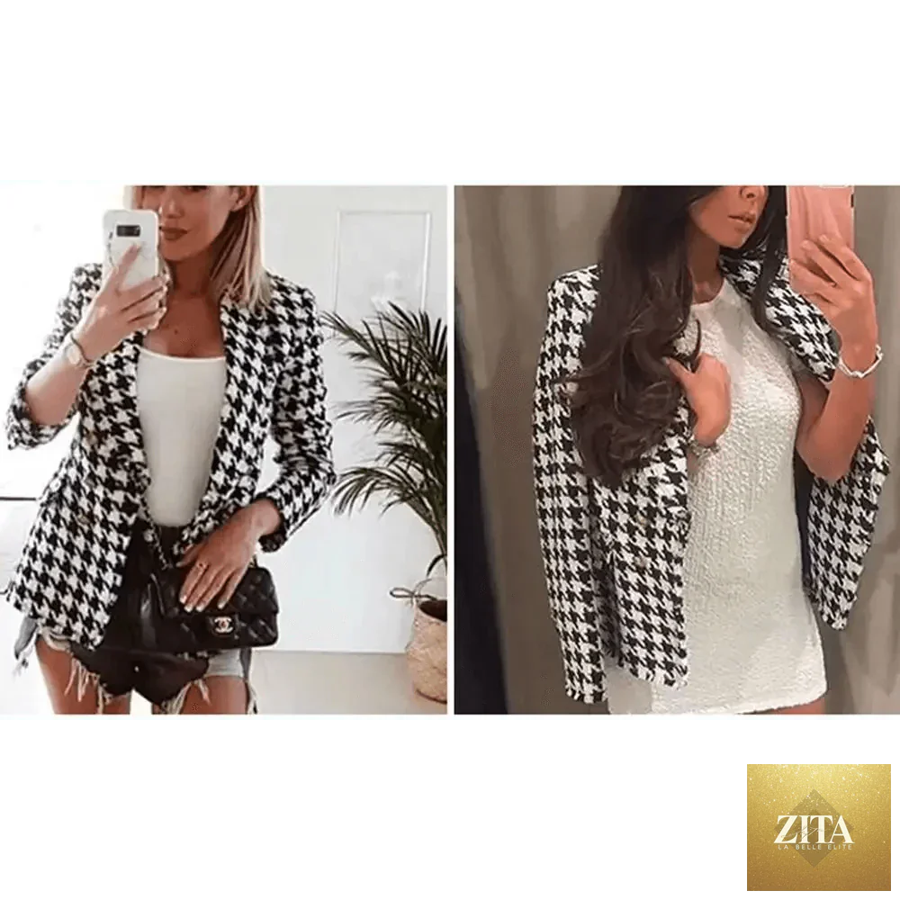 Black tweed jacket for women featuring tassels and houndstooth pattern, stylish autumn coat by Stevvex for office and casual wear