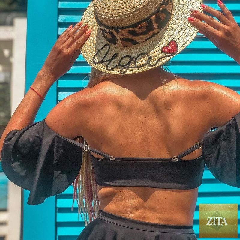 Stevvex black high-waist bikini set with off-shoulder ruffles, push-up top, and beach skirt, perfect for summer swimwear.