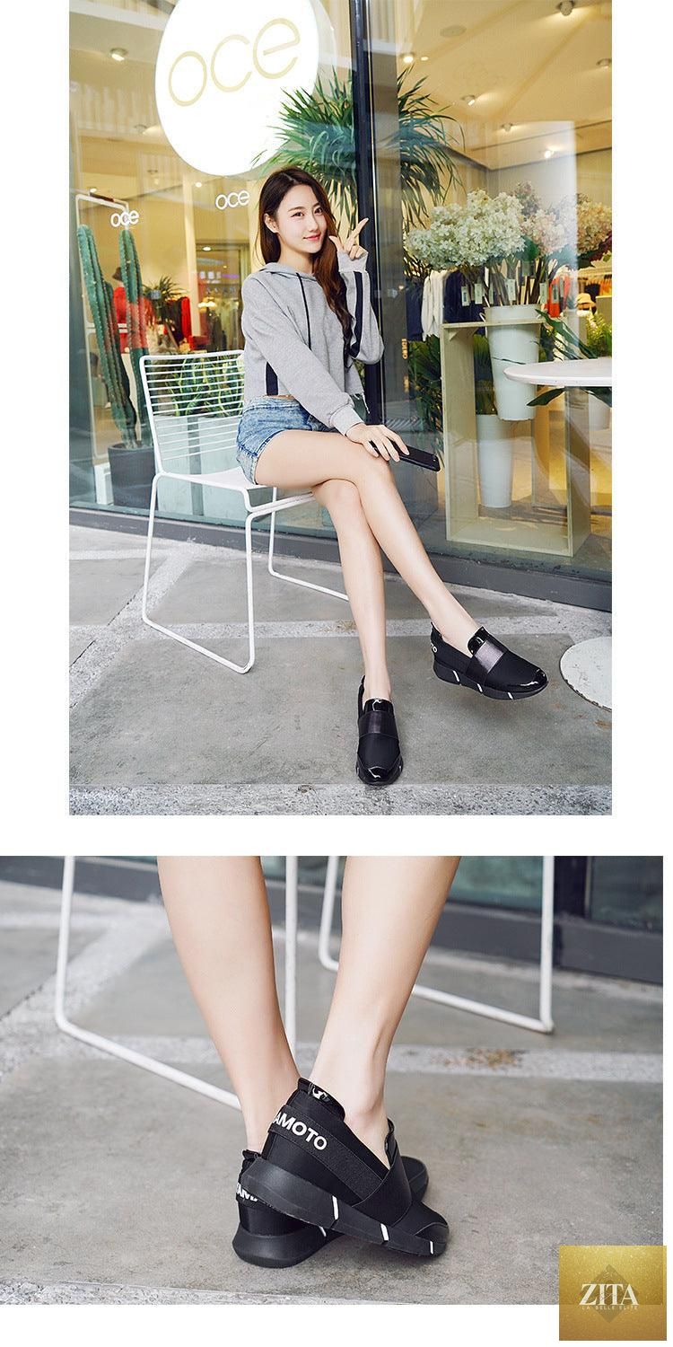 Black women's slip-on casual sneakers with thick soles, lightweight and soft, ideal for walking or running, by Stevvex.