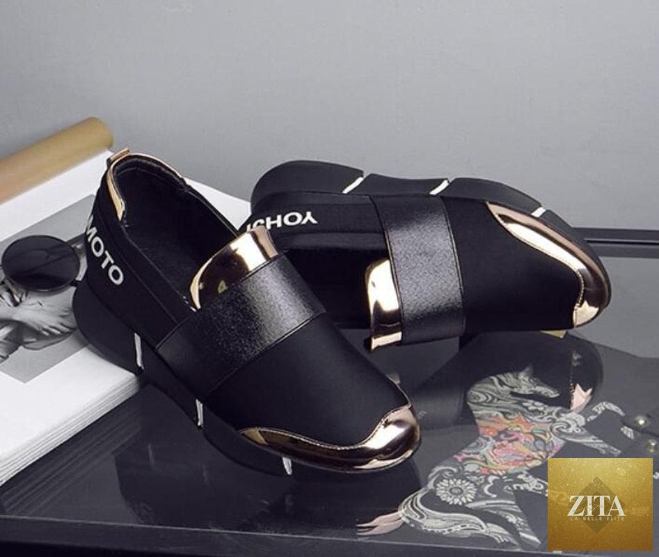 Stevvex black slip-on women's casual sneakers with thick soles, lightweight, soft-soled, ideal for walking and casual wear.