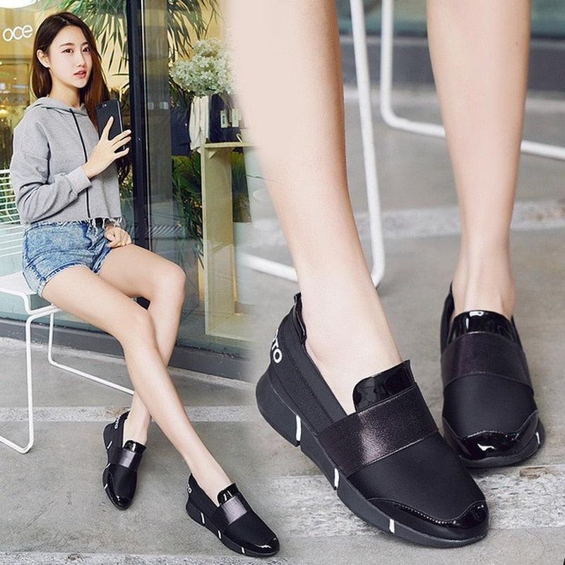 Elegant Black Women Slip-On Casual Thicken Sneakers Soft Soled Slip On Walking Shoes Lightweight Casual Running Sneakers Flats Casual Walking Espadrilles For Women