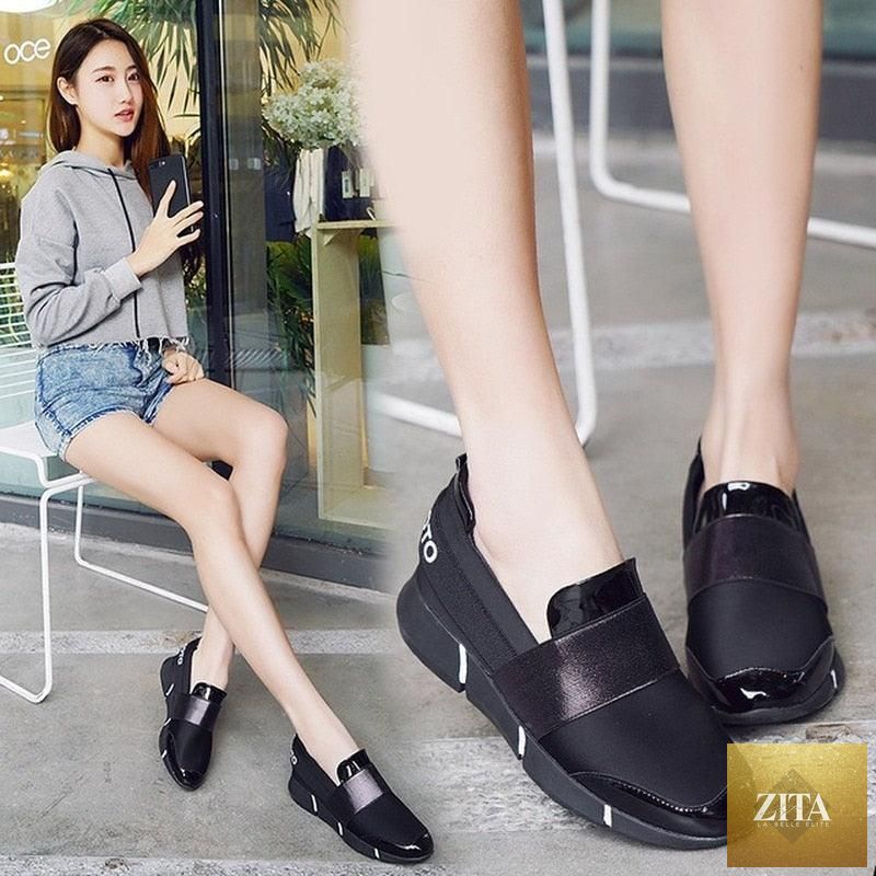 Black women's slip-on casual sneakers with thick soles, lightweight and soft-soled espadrilles for walking and running by Stevvex.