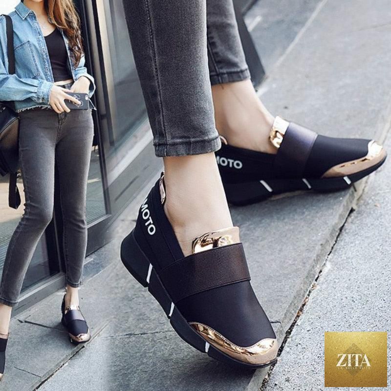 Stevvex black women's slip-on casual sneakers with thick soles, soft insoles, lightweight design, ideal for walking and casual wear.