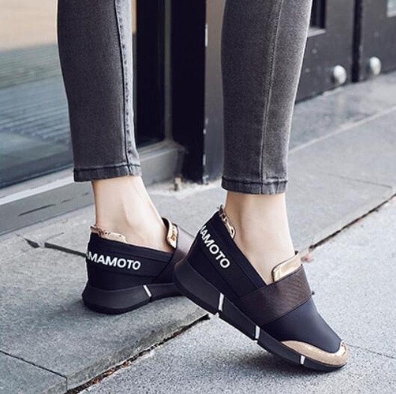 Elegant Black Women Slip-On Casual Thicken Sneakers Soft Soled Slip On Walking Shoes Lightweight Casual Running Sneakers Flats Casual Walking Espadrilles For Women