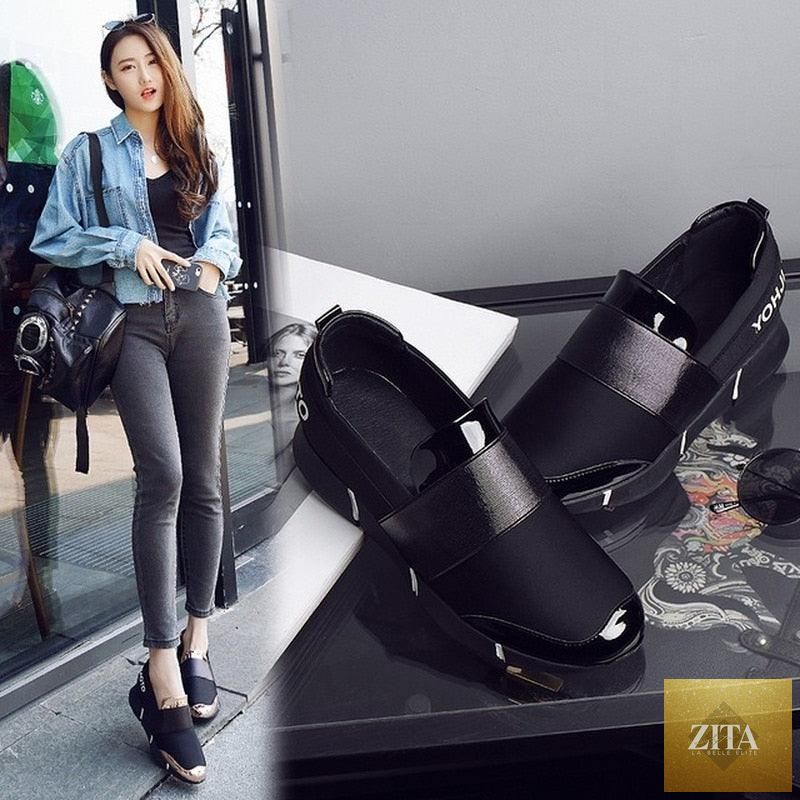 Stevvex black slip-on women's casual sneakers with thick soles, lightweight, soft soles, ideal for walking and casual wear.