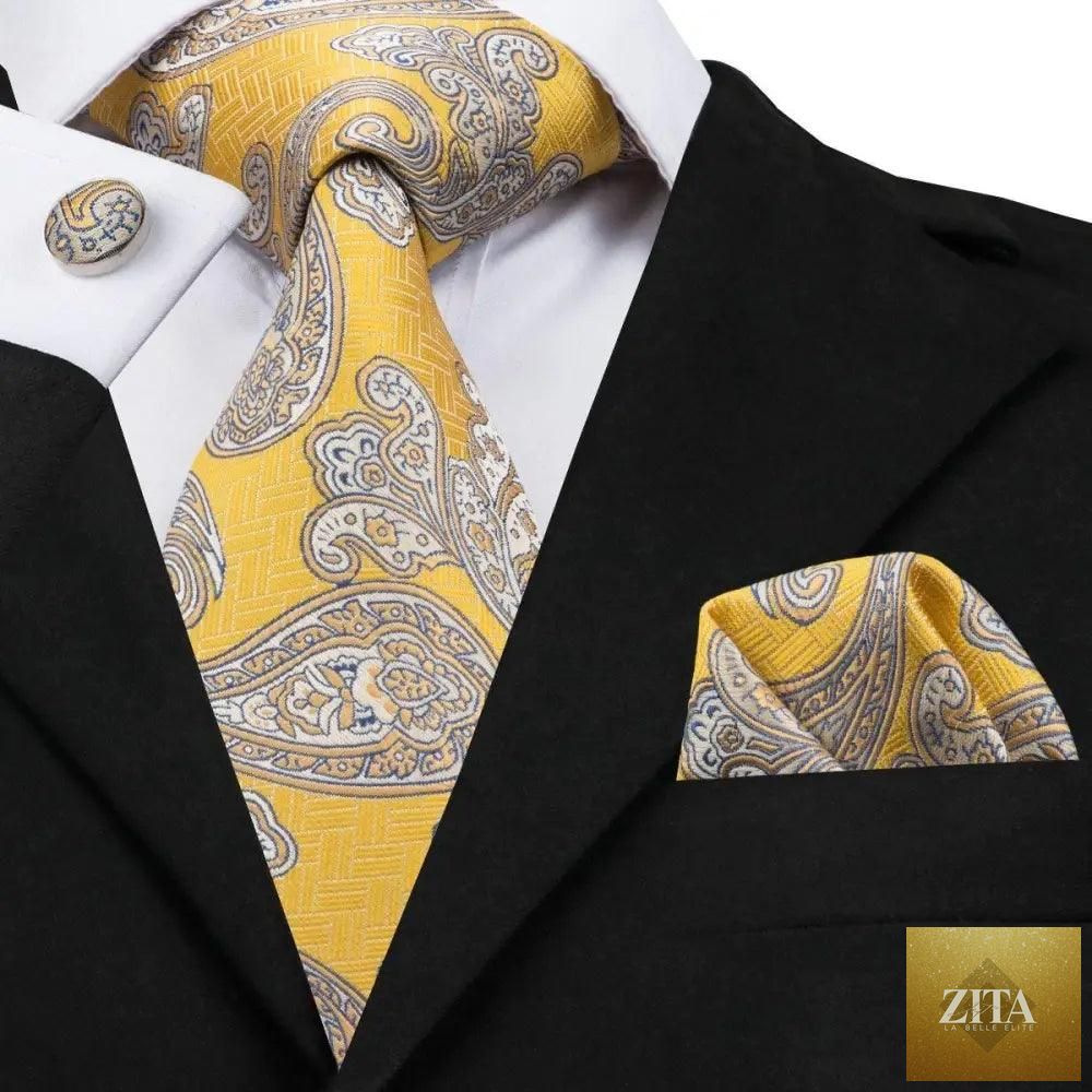 Elegant men's yellow gold tie set with matching handkerchief and cufflinks, ideal for weddings and formal suits.