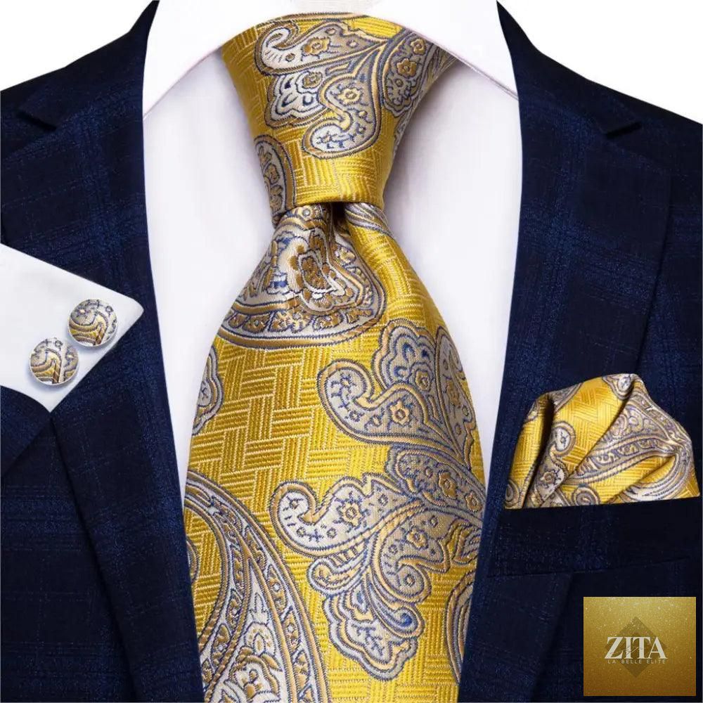 Stevvex men's elegant business yellow gold tie set with matching handkerchief and cufflinks, perfect for wedding suits and formal occasions.