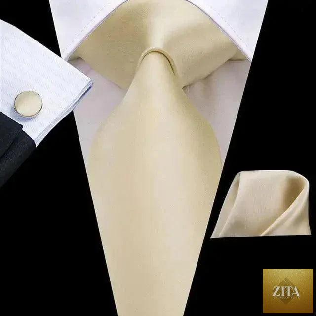 Elegant Stevvex men's yellow gold tie set with matching handkerchiefs and cufflinks, perfect for weddings and formal suits.