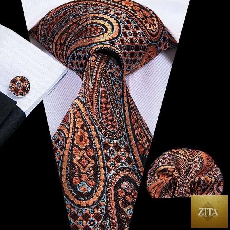 Elegant men's yellow gold tie set with matching handkerchiefs and cufflinks, perfect for weddings and formal suits.