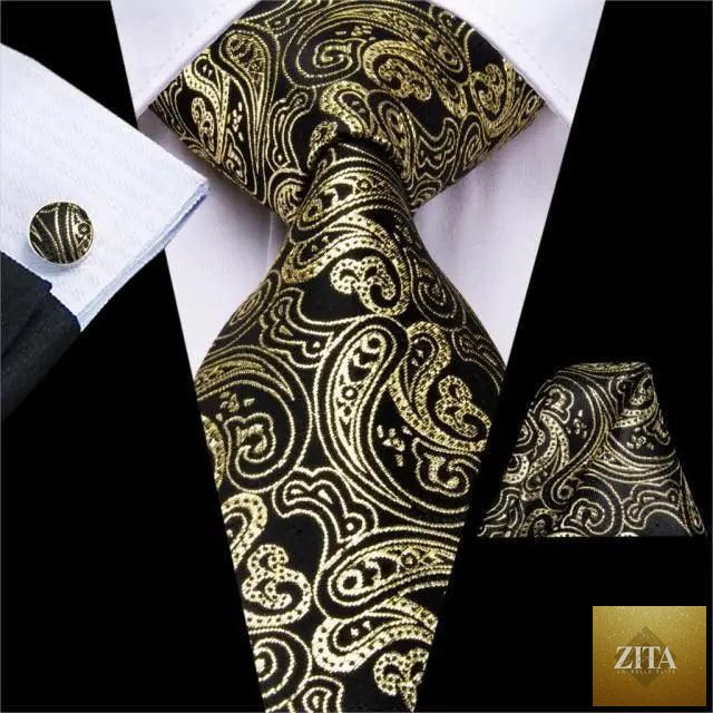 Stevvex men's yellow gold tie set with matching handkerchiefs and cufflinks, perfect for elegant wedding or business suits