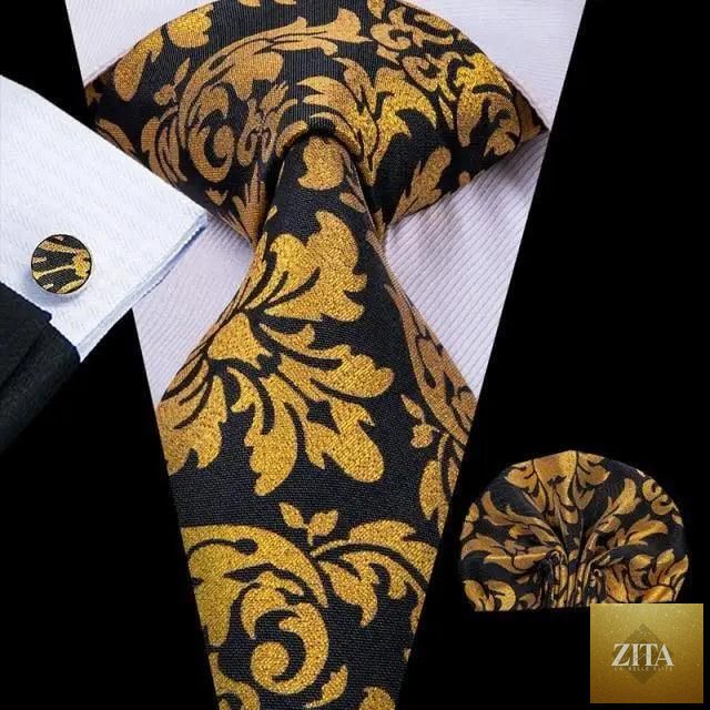 Stevvex men's yellow gold tie set with matching handkerchief and cufflinks, stylish for weddings and formal suits.