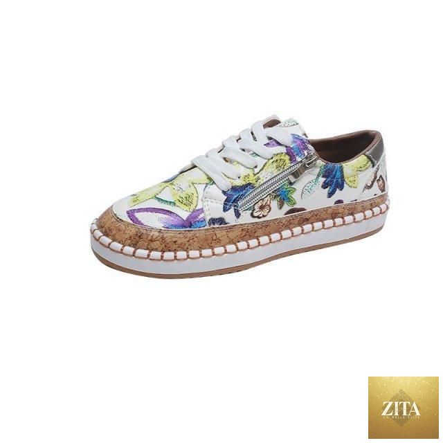 Elegant floral print Stevvex women's sneakers with lace-up design, round toe, flat casual style, perfect for walking and everyday wear.