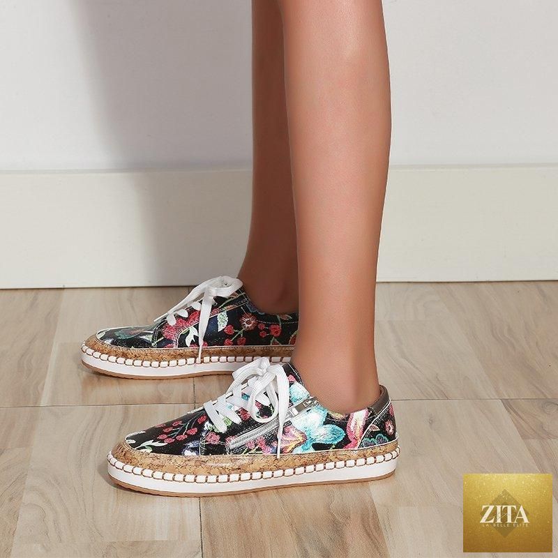 Elegant floral women's sneakers by Stevvex, printed lace-up flat shoes with round toe, casual comfortable tennis shoes for walking.