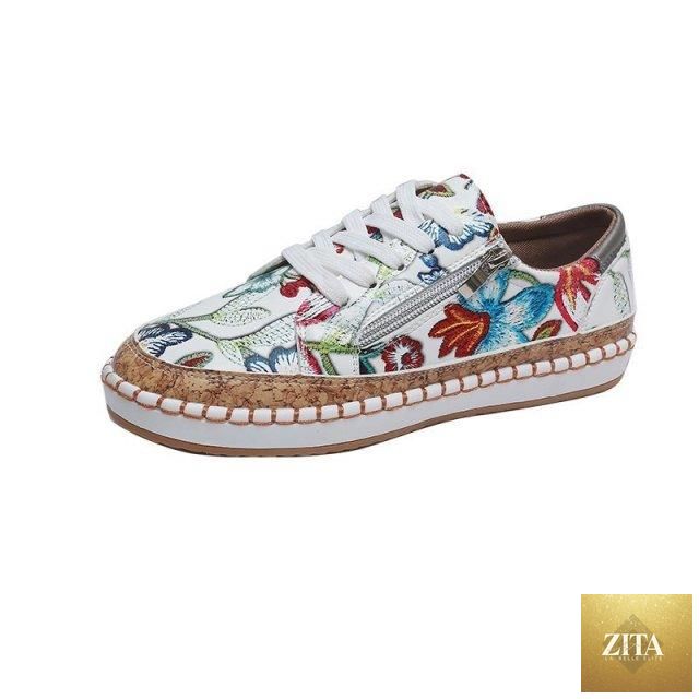 Elegant floral women's sneakers by Stevvex featuring lace-up design, round toe, flat style, ideal for casual walking and comfort.